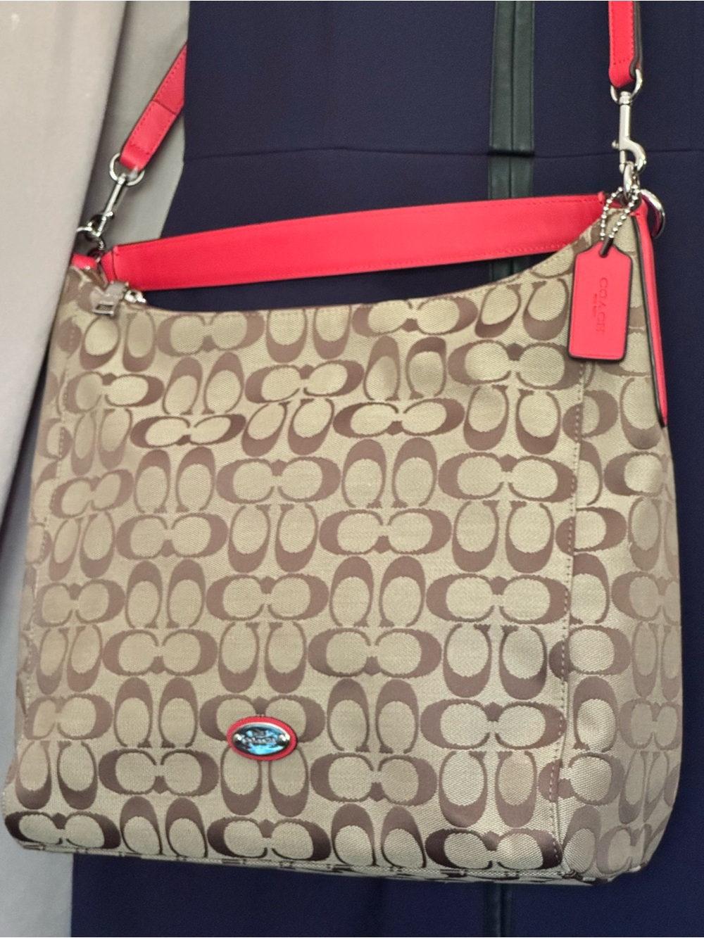 NWT Coach Signature Convertible Canvas Hobo Bag in Khaki w/Coral Accents